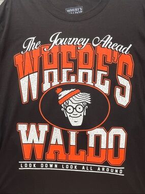 Where’s Waldo Double Sided Graphic T Shirt Large Black Journey Ahead NWOT